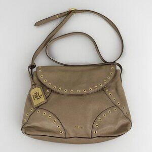 Ralph Lauren LRL Morley Taupe Foldover Flap Grommet Crossbody Shoulder Bag Purse